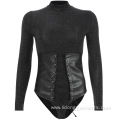 Long Sleeve Casual Bodysuit with PU belt